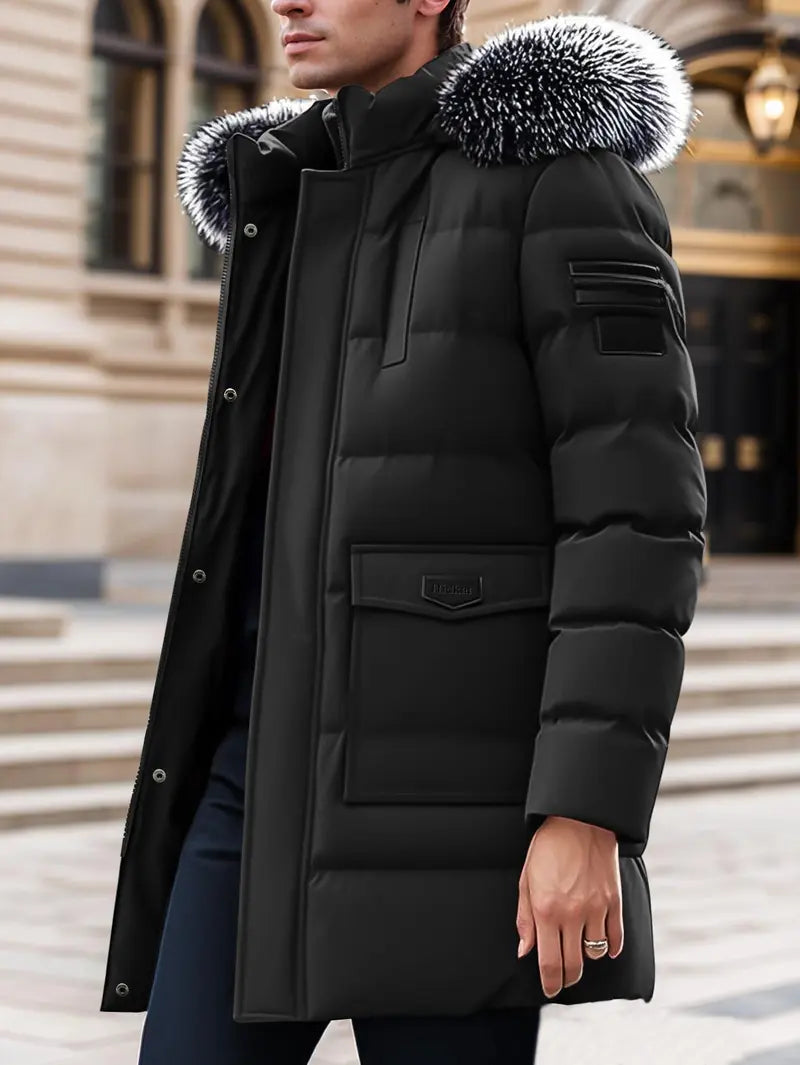 Men's Winter Heavy-duty Long Parka Coat, Thick and Warm Insulation, Detachable Faux Fur Hood Pocket with Large Pocket, Suitable for Skiing and Commuting
