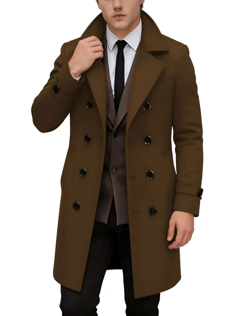 Men’s long trench coat jacket with notched lapel collar, double-breasted design, slim fit, classic mid-length overcoat