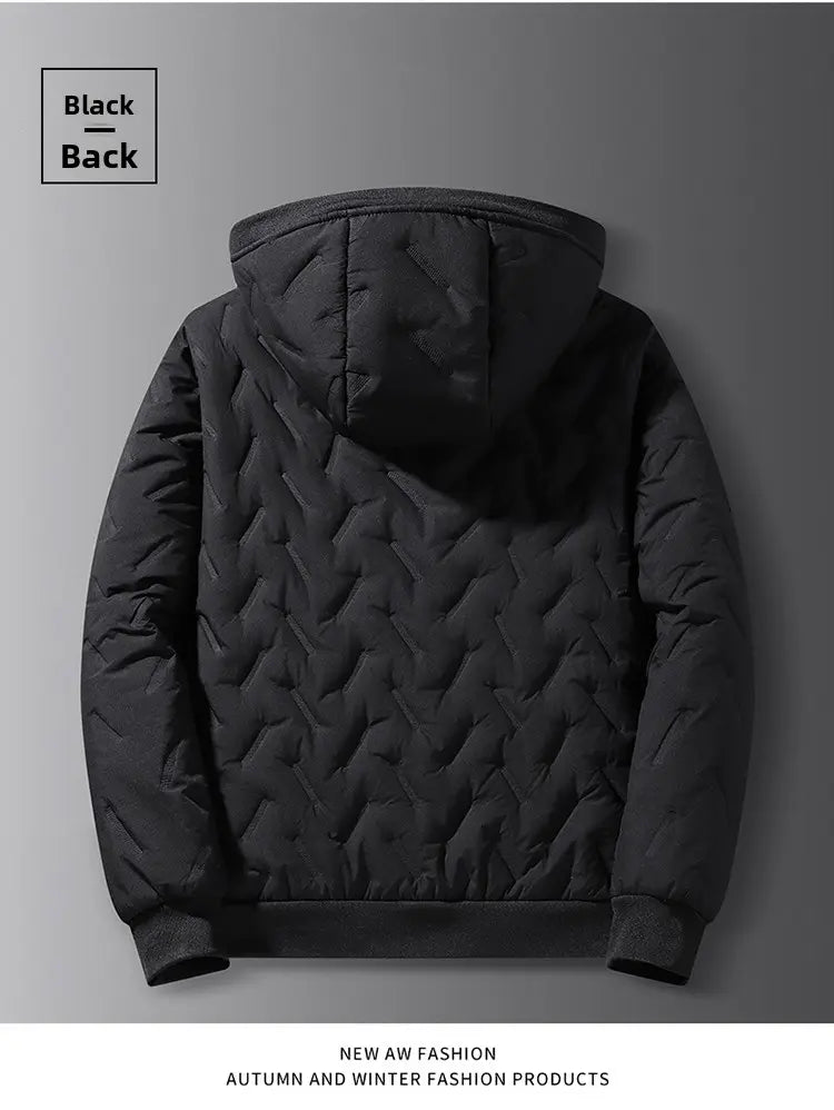 Men's winter jacket lined hooded jacket windproof and waterproof heavyweight outdoor warm jacket with safety zipper pocket high-performance filled bomb jacket lightweight geometric texture technology clothing black Sherpa Fleece