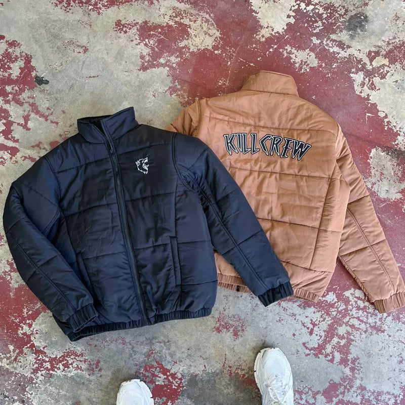 Kill Crew Men's Wolf Graphic Polyester Shell Cotton-Filled Lightweight Poof Non-Hooded Long-Sleeve Zip Puffer Down Jacket - Cuffed, Elastic Hem, Reinforced Zip, Fitted True Fit Street Basic Menswear Outerwear, Long-Sleeve Men's Down Jackets
