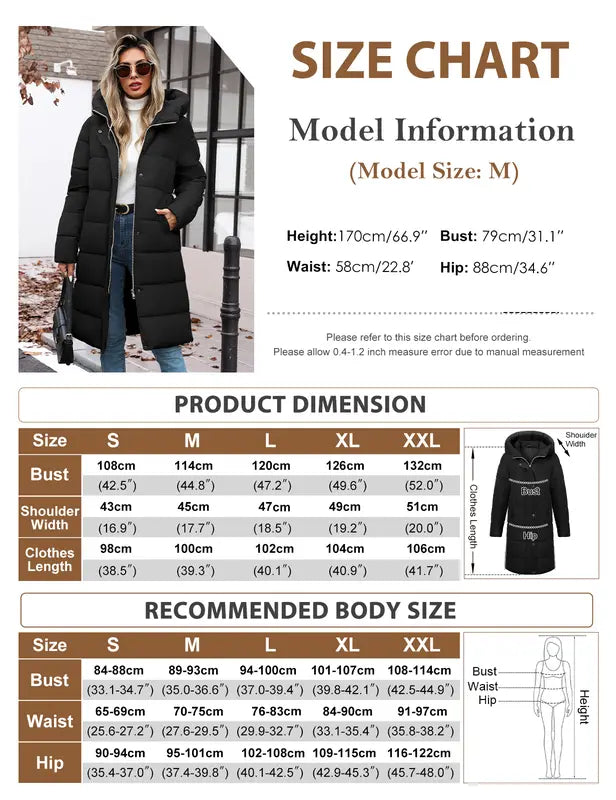 Womens Winter Long Puffer Coats Down Thicken Warm Quilted Jacket Mid-Length with Side Zipper and Hood Outerwear