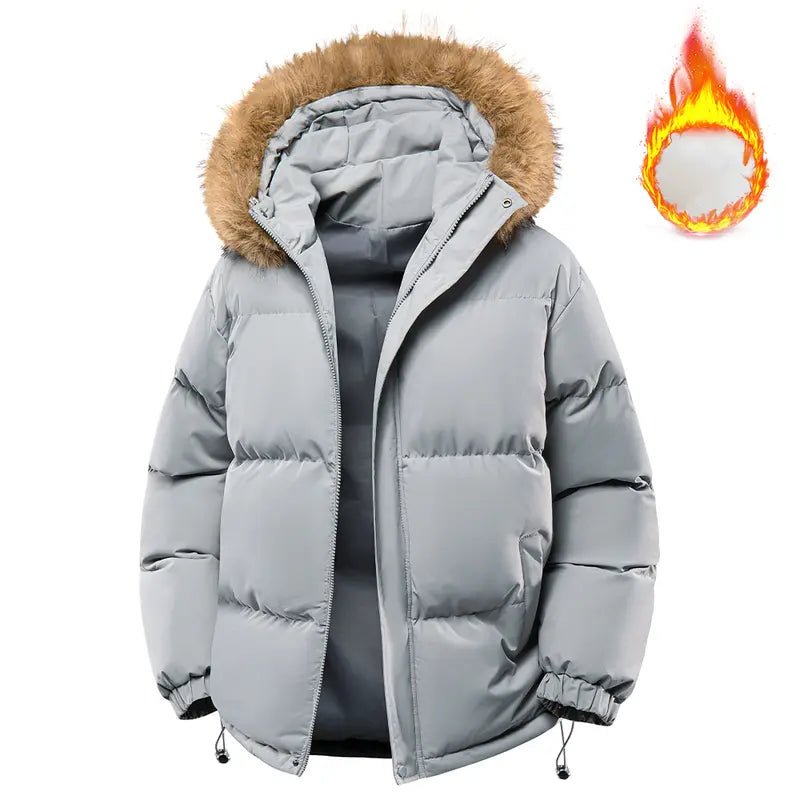 All-Black Men's Woven Hooded Jacket - Winter Thick Warm Slim Fit Long-Sleeve Casual Top, Detachable Faux Fur Collar, Couples Style, Zipper, Drawstring, Layering Outerwear Essential, M Size, Fitted Fleece Lining, New Year Wear