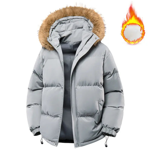 All-Black Men's Woven Hooded Jacket - Winter Thick Warm Slim Fit Long-Sleeve Casual Top, Detachable Faux Fur Collar, Couples Style, Zipper, Drawstring, Layering Outerwear Essential, M Size, Fitted Fleece Lining, New Year Wear