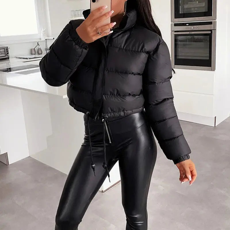 BIGWIG women's short down jacket, zipper thickened quilted short coat, drawstring winter down jacket, autumn and winter cotton jacket, windproof, waterproof and cold-proof cotton jacket, puffer jacket, fashionable zipper stand collar