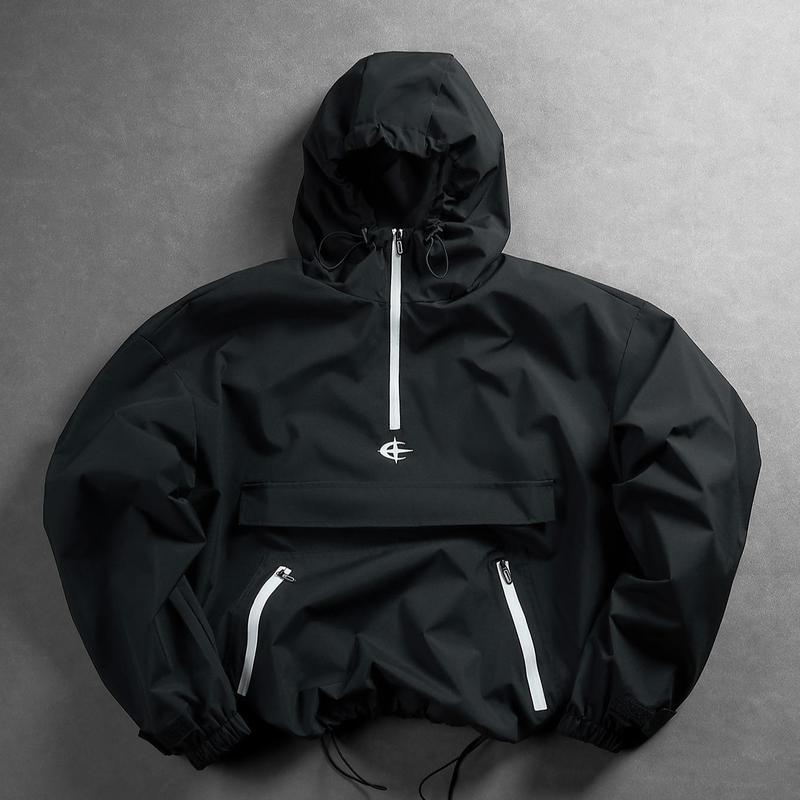 Men's Stylish Futuristic Techwear Windbreaker Coat - Long Sleeve, Grey & White Aesthetic, Trending Popular Clothes, Outdoor Stuff for Adults, Streetwear Top with Pockets for Spring