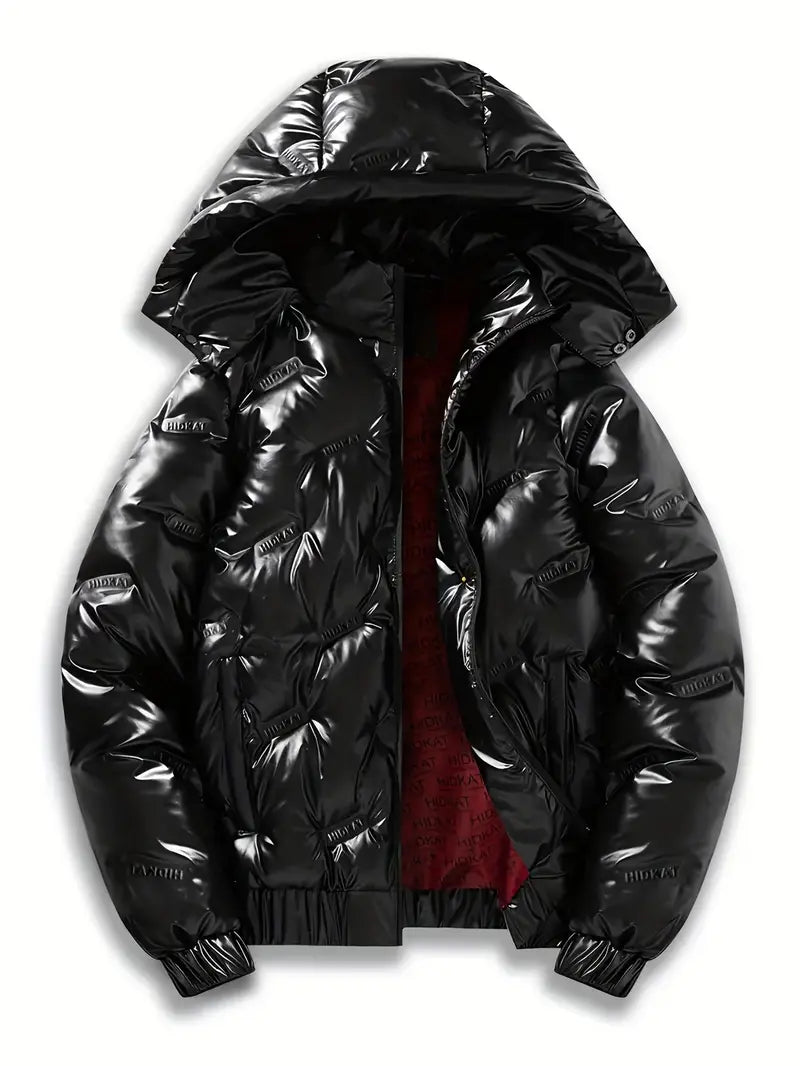 Men’s glossy hooded down jacket, thick warm short padded outerwear for winter, windproof coat suitable for cold weather