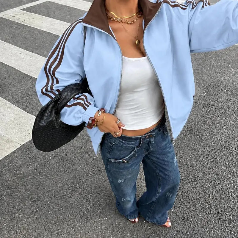 Women Reversible Zip Up Track Jacket, Striped Sleeve Stand Collar Windbreaker, Two Wear Ways Loose Drop Shoulder Outerwear, Elastic Cuffs Casual Athletic Coat, Lightweight Reversible Sport Jacket For Daily Streetwear, Shopping And Weekend Hangouts