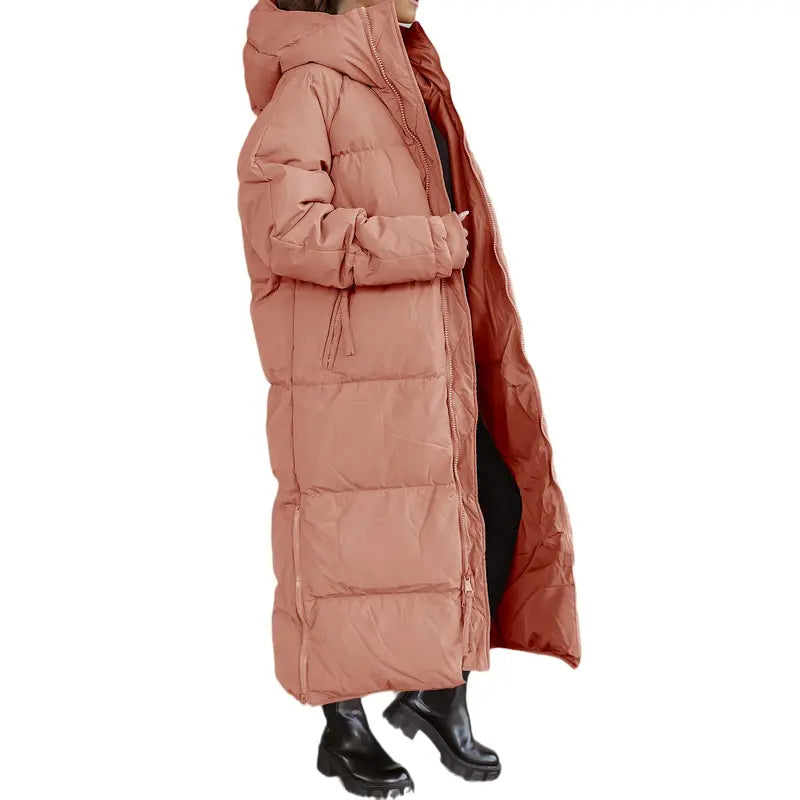 Danedvi Women's Long-Sleeve Soft Padded Quilted Hooded Neck Maxi Down Puffer Jacket - Ribbed Windproof Shell, Pocket, Zippered Closure, Chic Cold-Weather Outerwear, Holiday Gift, Fashionable Basic for Date Outings, Perfect Gift, Down Jacket