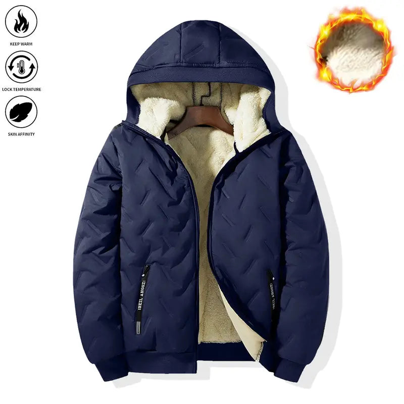 Men’s Basic Korean Woven Winter Hooded Jacket, Thick Warm Zip-Up Windproof Outerwear with Full Zipper Closure, Front Pockets, Suitable for Outdoor Sports, Commuting, Cold Weather Menswear Coats Long Sleeve Motocross Beige