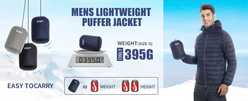 Pioneer Camp Men's Lightweight Packable Hooded Heated Puffer Jacket - Male Clothing, Windproof, Thermal Long Sleeve, Full Zip Front, 6-Pocket, Insulated, Breathable Bubble Cotton, Elastic Cuff Outerwear with Polyester Fill for Running, Travel