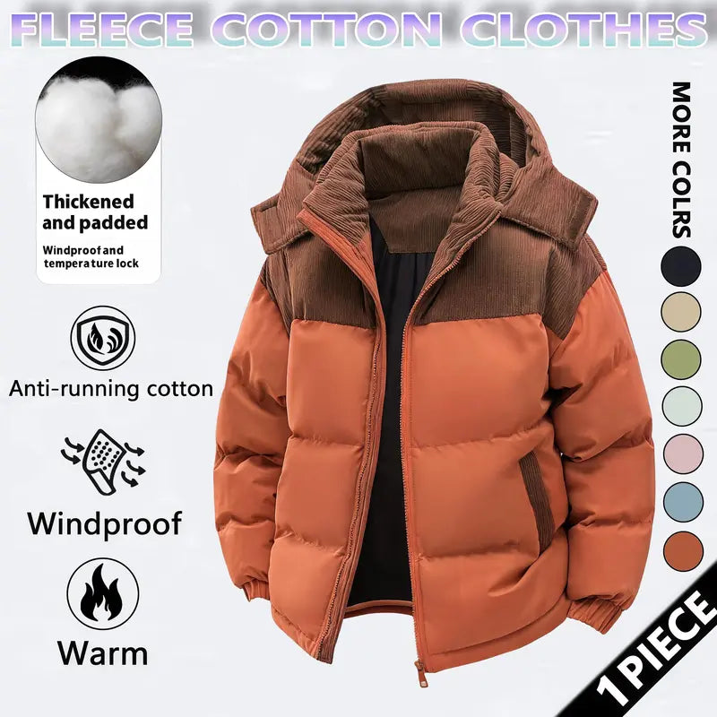 Men's Cotton Winter Coat Hooded Fleece-Lined Color-Block Jacket Casual Everyday Outerwear, Removable Hood, Windproof Padding, Thick Insulated, Anti-Running Cotton, Easy to Pair - Couples Style