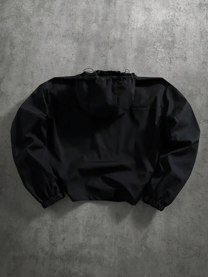 Men's Fashion Techwear Windbreaker Jacket - Hooded Drop-Shoulder Full-Zipper Top, Smooth Polyester, Reflective Sleeves, Water-Resistant, Long, Loose, Elastic, Pocket, Streetwear Outerwear