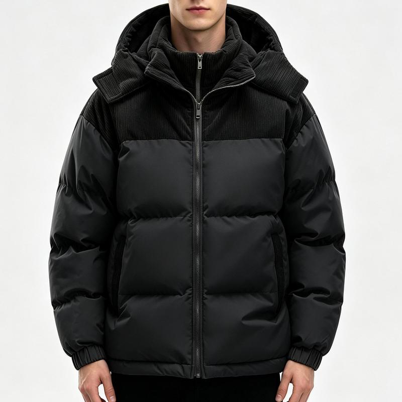 Men's Winter Color-Block Hooded Down Jacket - Thick, Warm, Loose-Fit, Detachable Hood, Contrasting Panels, Ideal for Everyday Commuting, Outdoor Activities
