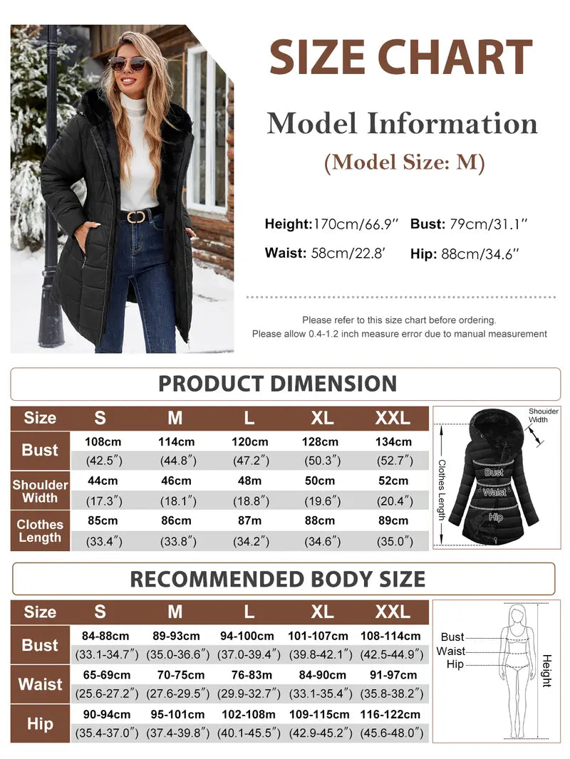 Women's Winter Thick Down Jacket - Casual Winter Coat, Longsleeves, Medium Length Fleece-Lined Parka with Faux Fur Hood Outerwear Black Basic