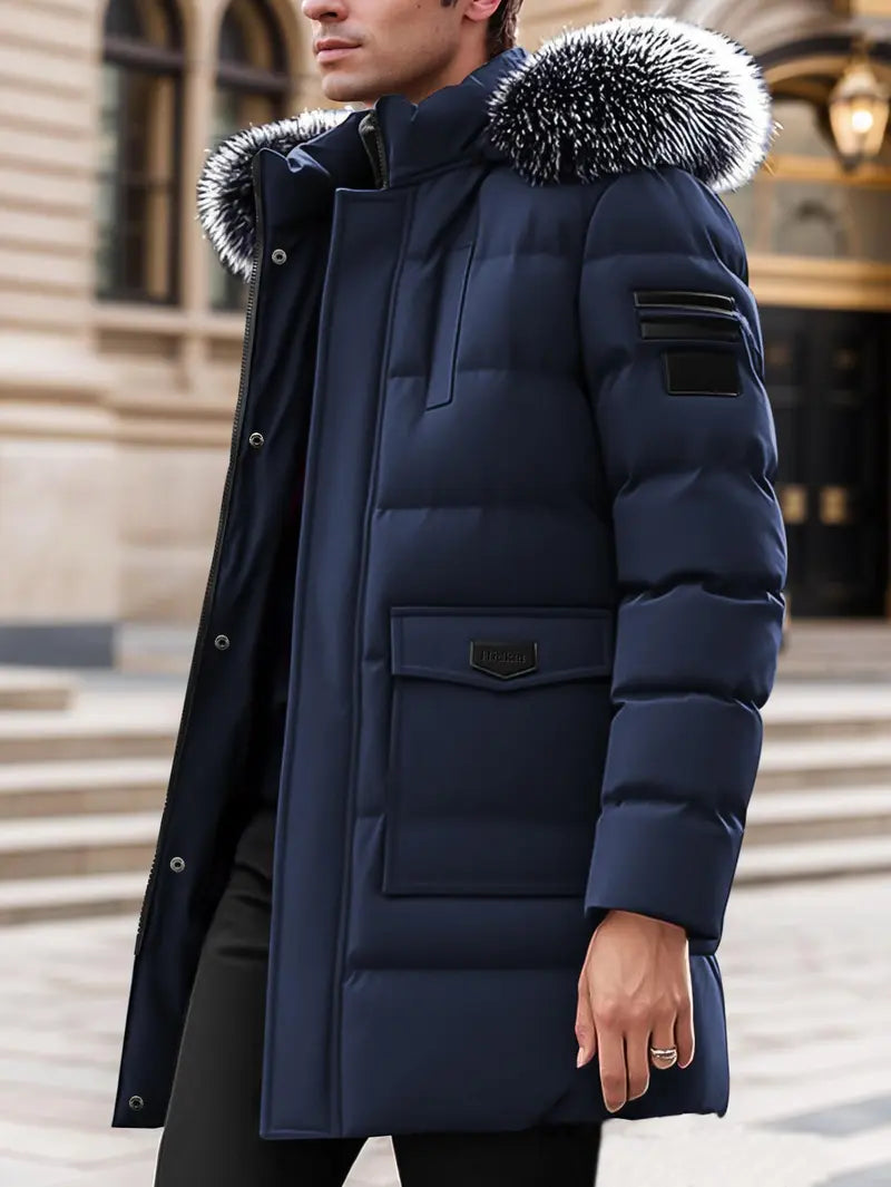 Men's Winter Heavy-duty Long Parka Coat, Thick and Warm Insulation, Detachable Faux Fur Hood Pocket with Large Pocket, Suitable for Skiing and Commuting