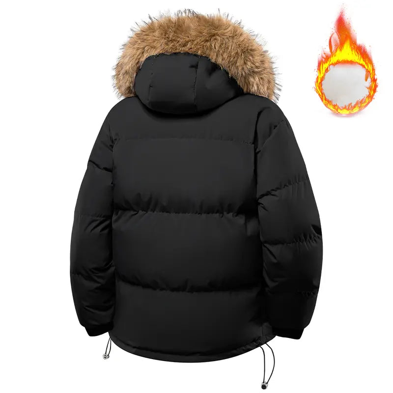All-Black Men's Woven Hooded Jacket - Winter Thick Warm Slim Fit Long-Sleeve Casual Top, Detachable Faux Fur Collar, Couples Style, Zipper, Drawstring, Layering Outerwear Essential, M Size, Fitted Fleece Lining, New Year Wear