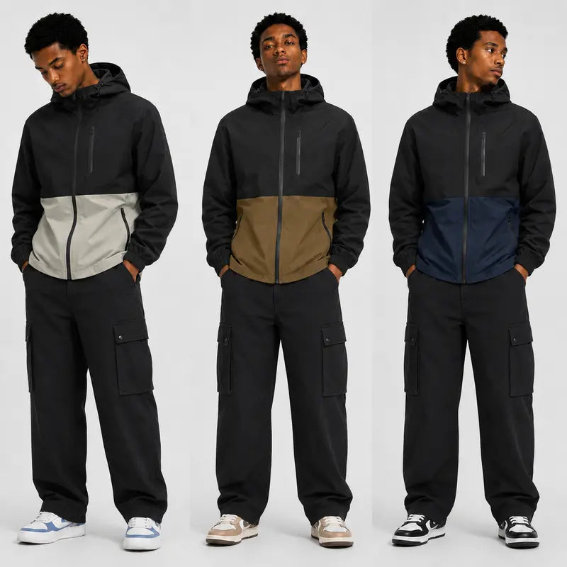 Men’s Color-Block Hooded Hardshell Coat - Tear-Resistant, Wear-Resistant Menswear with Contrast Zip, Multiple Waterproof Zippered Pockets, Adjustable Drawstring Hood, Long-Sleeve Outerwear for Autumn/Winter Mountaineering, Hiking