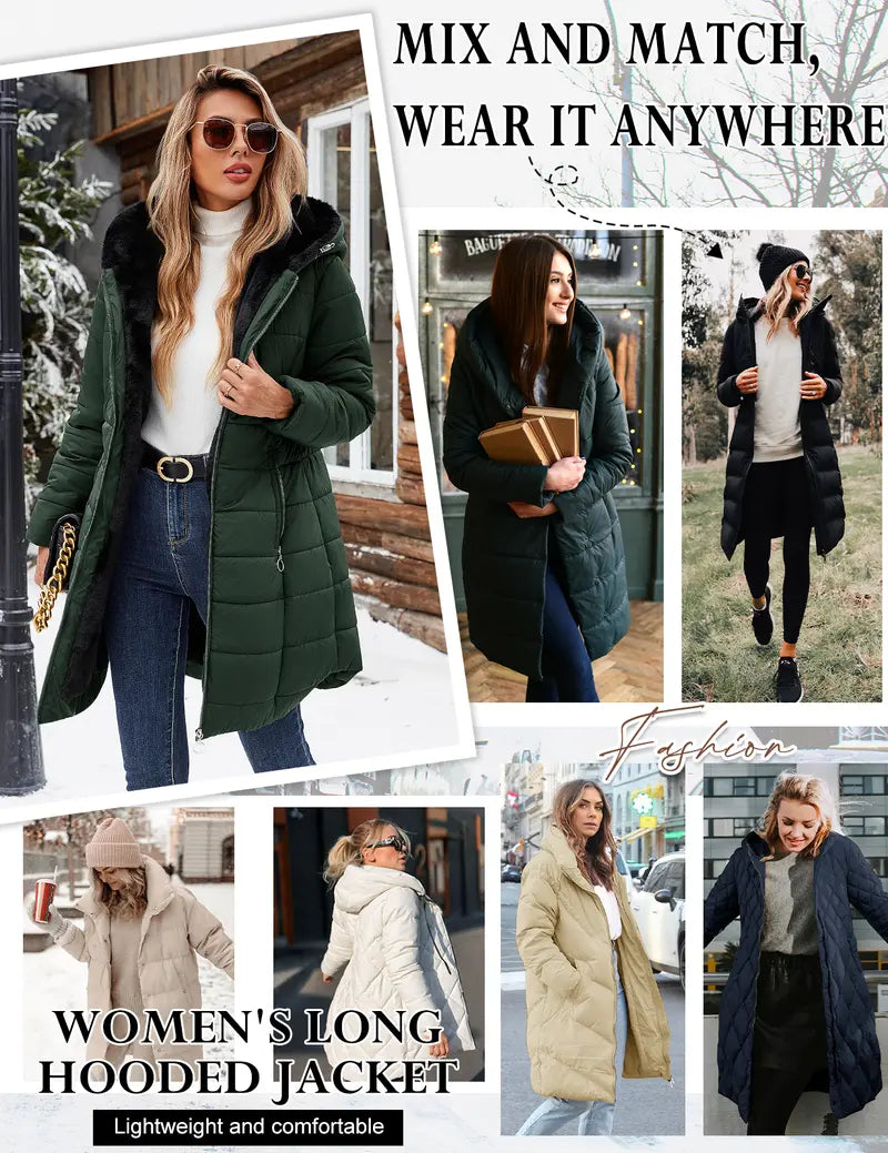 HEEKPEK Lady's Hooded Neck Fitted Long Sleeve Full Arm Down Fabric Jacket - Windproof, Waterproof, Fur-Lined, Zipper Front, Stylish Tops for Women for Commuting, Outdoor Activities