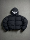 Loose-fit hooded cotton jacket with horizontal topstitching and down filling, full zip closure, basic warm casual cotton jacket