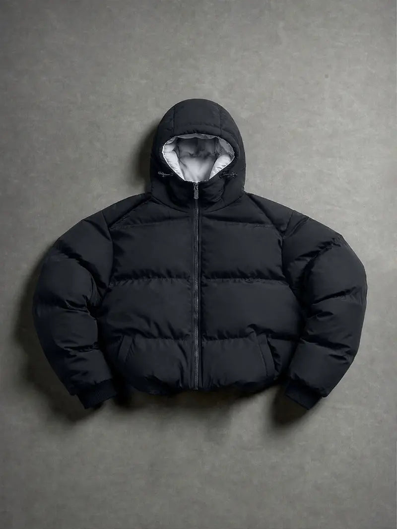 Loose-fit hooded cotton jacket with horizontal topstitching and down filling, full zip closure, basic warm casual cotton jacket