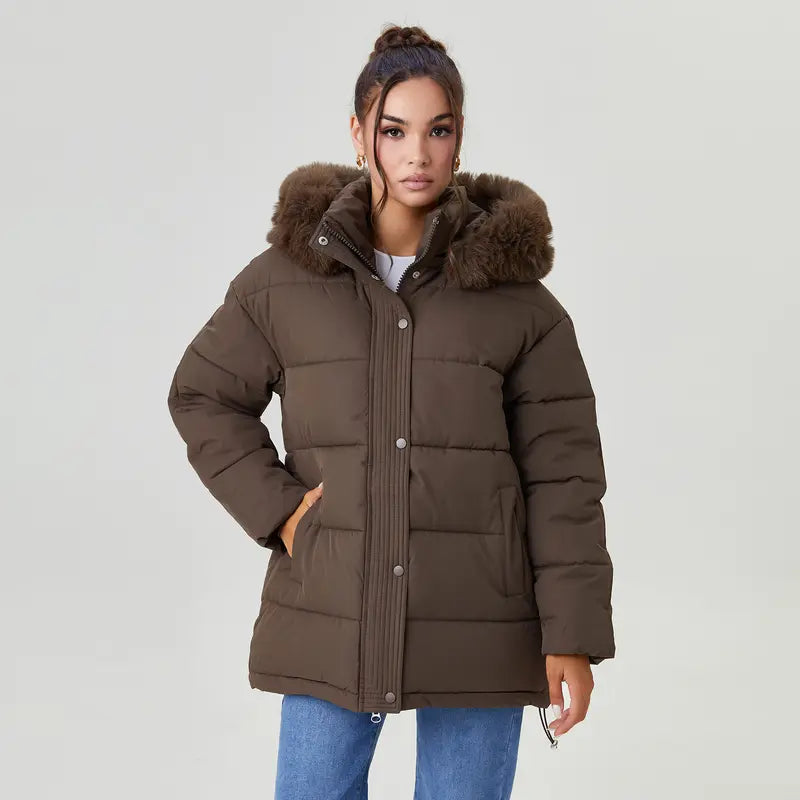 Katch Me Chic (US/CN)Women's Chic Solid Color Fluffy Hooded Zip-Up Belt Decor Cotton Coat, Cozy Outerwear Jacket for Fall & Winter, Classy Long Sleeve Womenswear