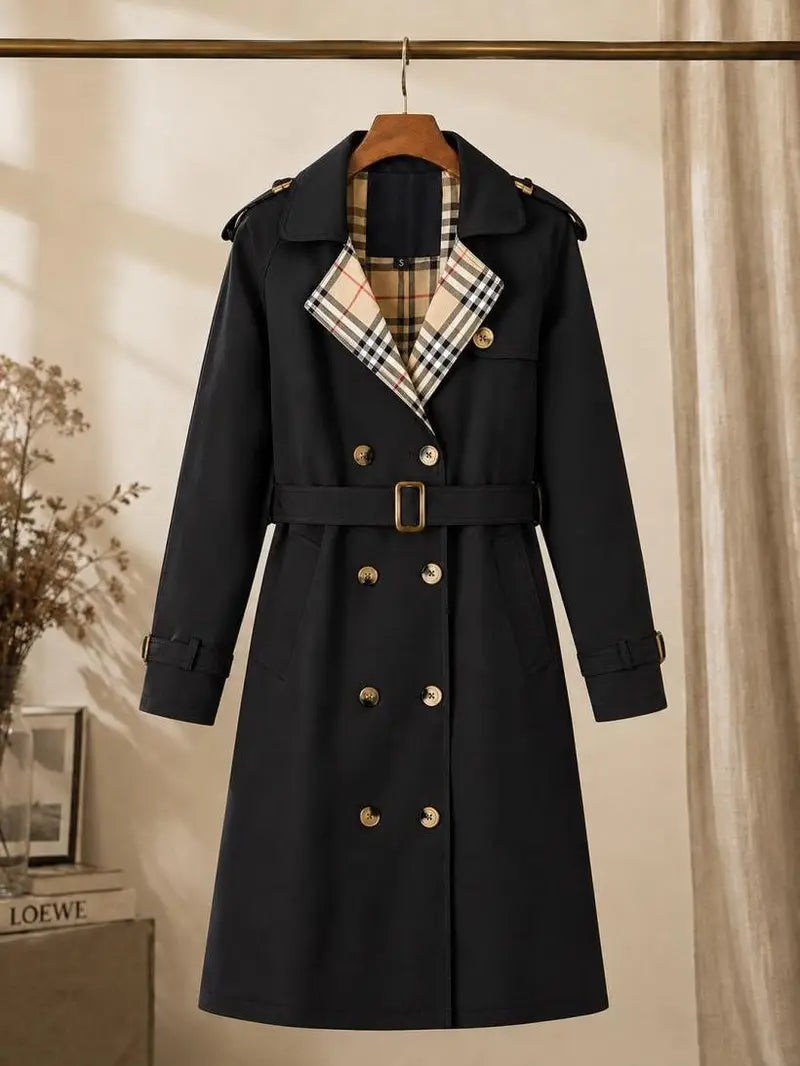 New autumn women’s loose long coat featuring a double-breasted design, khaki trench style, notched lapel with plaid lining, and an adjustable waist belt that cinches the silhouette—an essential piece for spring and autumn outfits.sohochic sohochic...