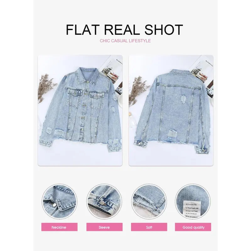 EVALESS Women's Casual Short Jean Jackets Non Stretch Distressed Ripped Boyfriend Washed Coats Lapel Long Sleeve Denim Jacket Outwear Tops 2026 Womenswear Spring Winter Outfits Deals For You Days summer outfits,back to school,back to school shoppi...