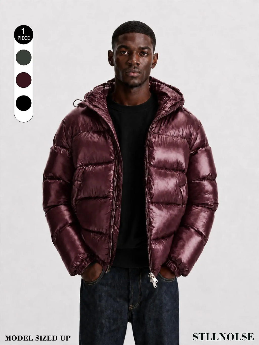 Men's Glossy Hooded Puffer Jacket, Full Zip Quilted Outerwear with Elastic Cuffs for Fall Winter Streetwear & Everyday Layering, Model Wears One Size Up for a Relaxed Look