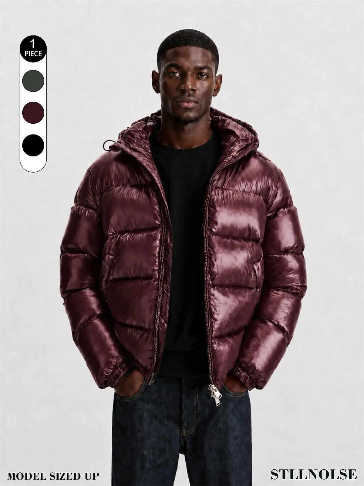 Men's Glossy Hooded Puffer Jacket, Full Zip Quilted Outerwear with Elastic Cuffs for Fall Winter Streetwear & Everyday Layering, Model Wears One Size Up for a Relaxed Look