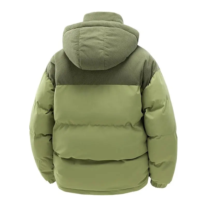 Men's Winter Color-Block Hooded Down Jacket - Thick, Warm, Loose-Fit, Detachable Hood, Contrasting Panels, Ideal for Everyday Commuting, Outdoor Activities