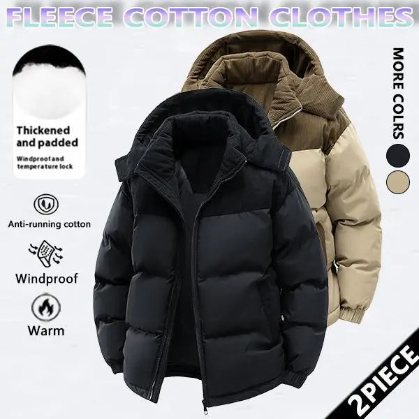 Men's Stylish Woven Color Block Padded Puffer Quilted Coat - Warm Fleece-Lined, Windproof Winter Outerwear with Removable Hood, Casual Jacket