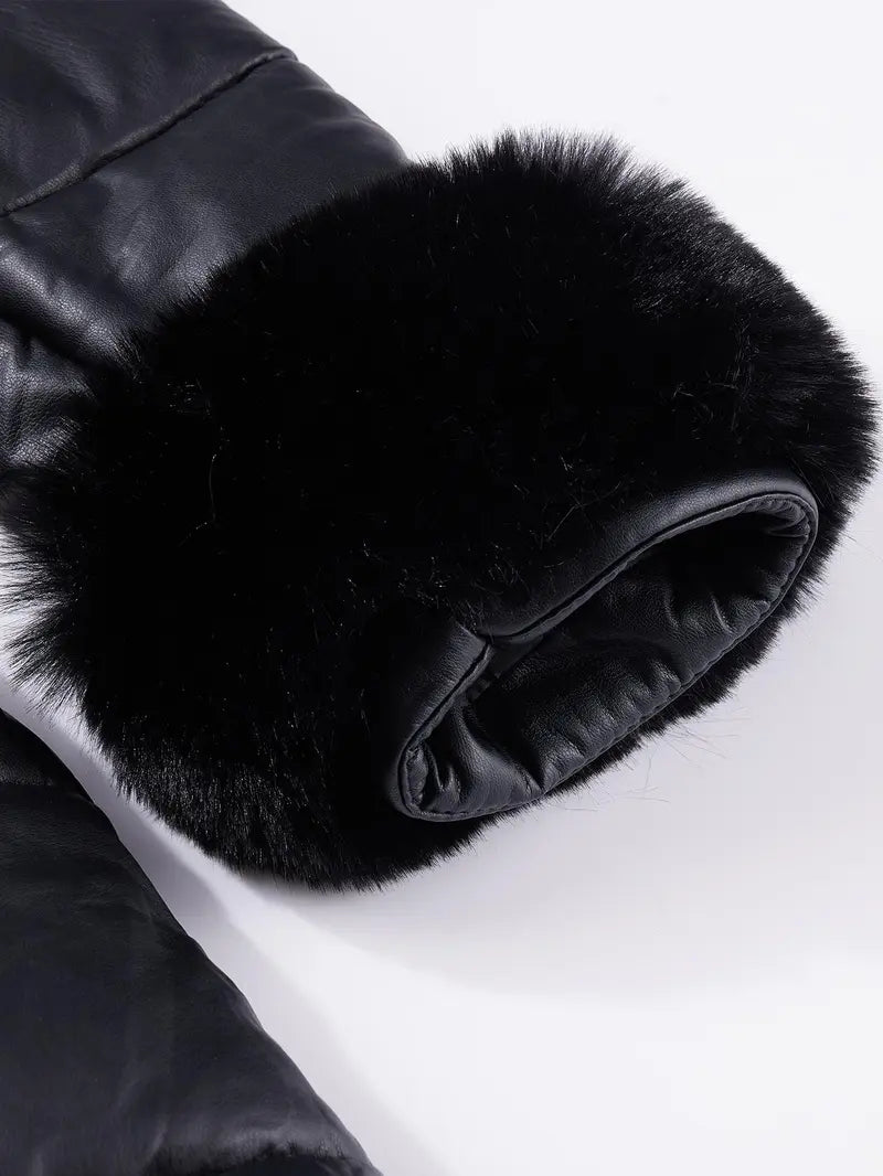 Women's Elegant Chic puffer Coat with Fleece Trim, Faux Fur & Belt, Mid-Length Fall Winter Hooded Fitted Woven Jacket, Warm Daily Wear Outerwear Tops, Womenswear