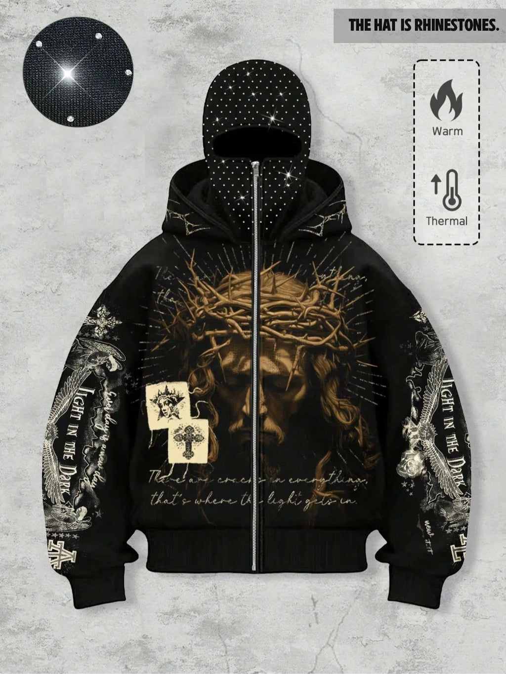 double hood rhinestone street casual loose men's zipper hoodie eye print sweatshirt, Graphic print hoodie autumn and winter fleece warm men and women brand Y2K jacket cool nightclub rock hip-hop music festival