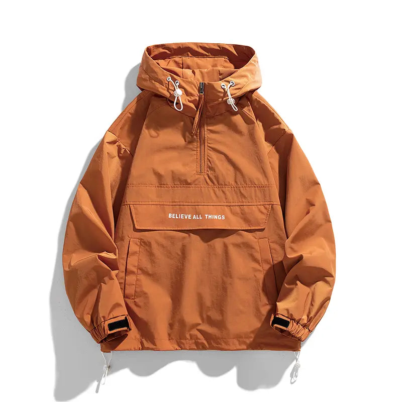 ZMZY Men's Half-Zip Jacket Lightweight Hooded Casual Outdoor Windbreaker, All-Season Oversized Relaxed Fit Coat with Drawstring Hem & Side Pockets for Teen Adults, Work Streetwear Style