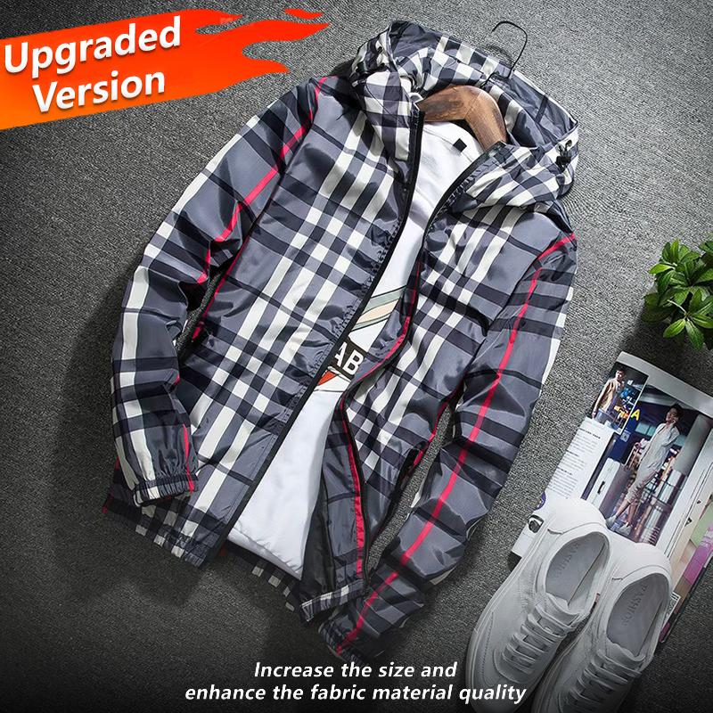 (Upgraded version) Men's lightweight hooded jacket, zip-up windbreaker, adjustable drawstring & color-block striped, spring and autumn fashion casual men's outerwear, customizable personalized jacket, stylish khaki plaid design sohochic