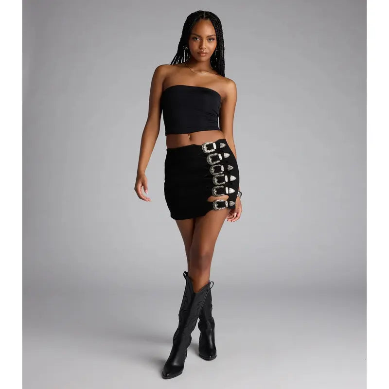 Buckle Down High-Rise Denim Skort
