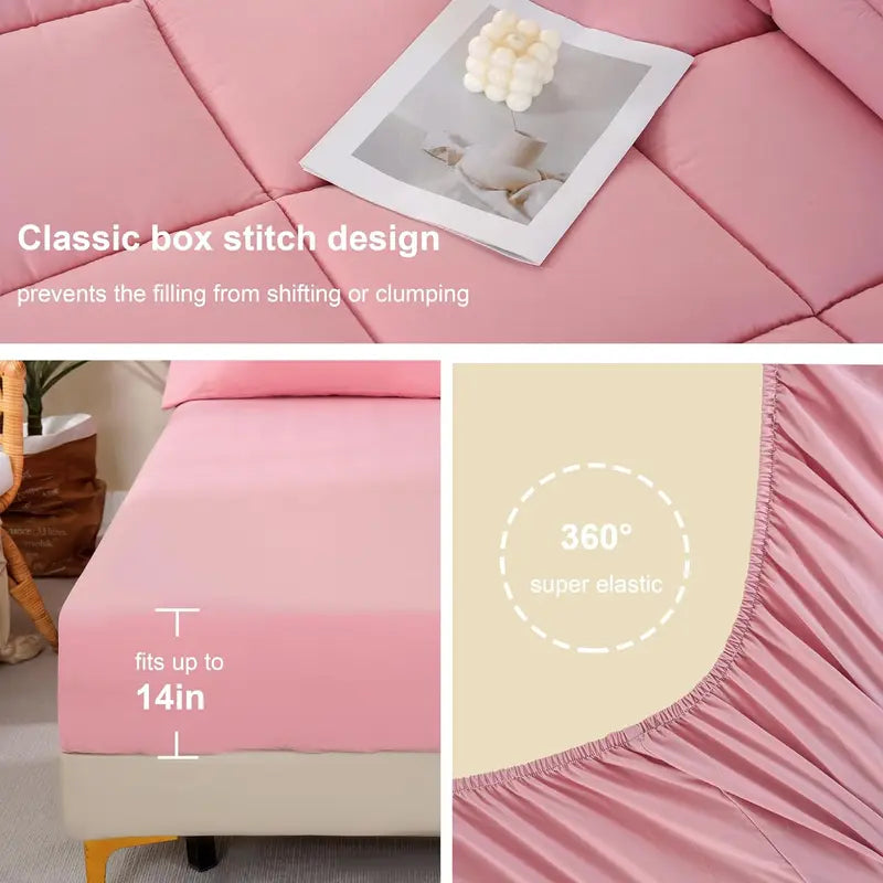 DOWNCOOL 7-Piece Comforter Set All Season Pink Down Alternative Bedding Set with Flat Sheet, Fitted Sheet, 2 Pillow Shams & Pillowcases, Soft Microfiber, OEKO-TEX Certified for Bedroom Home Decor