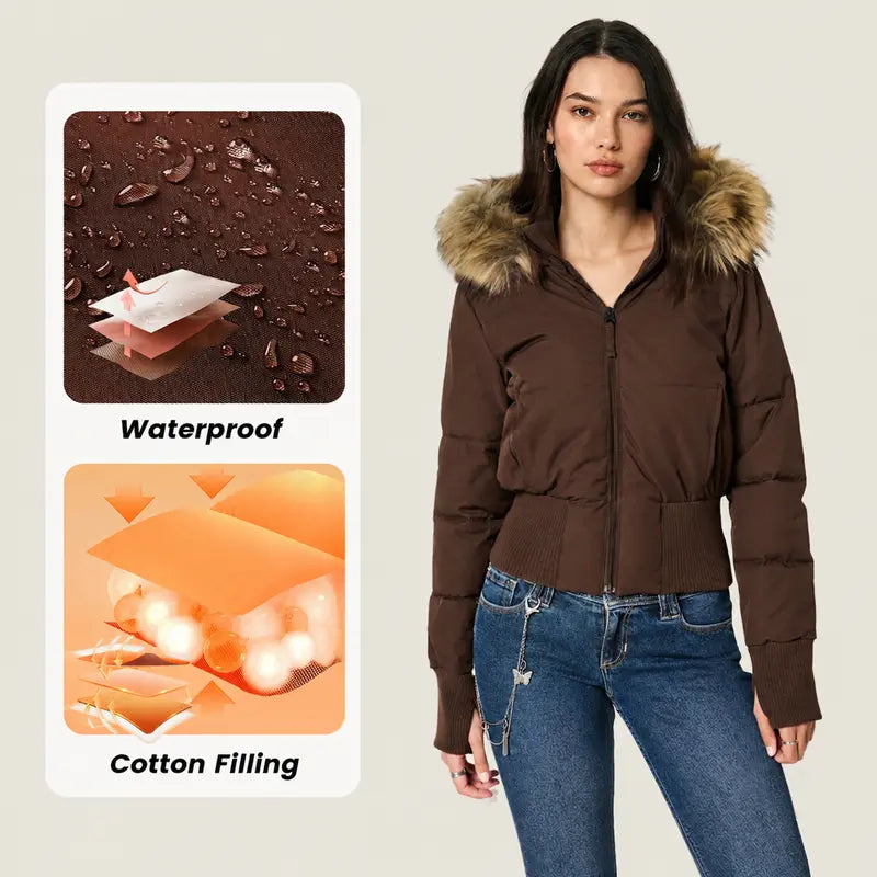 Arssm Womens Cropped Puffer Jacket Hooded Winter Warm Puffer Coat