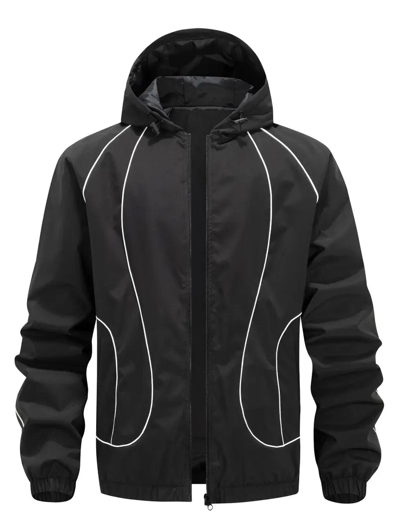 Men's Chic Woven Waterproof Windproof Front Zip Hooded Jacket - Rain-Ready Year-Round Menswear Top Coat with Drawstring, Striped Print, Zipper Pockets, Suitable for Outdoor Activities - SpringStatements