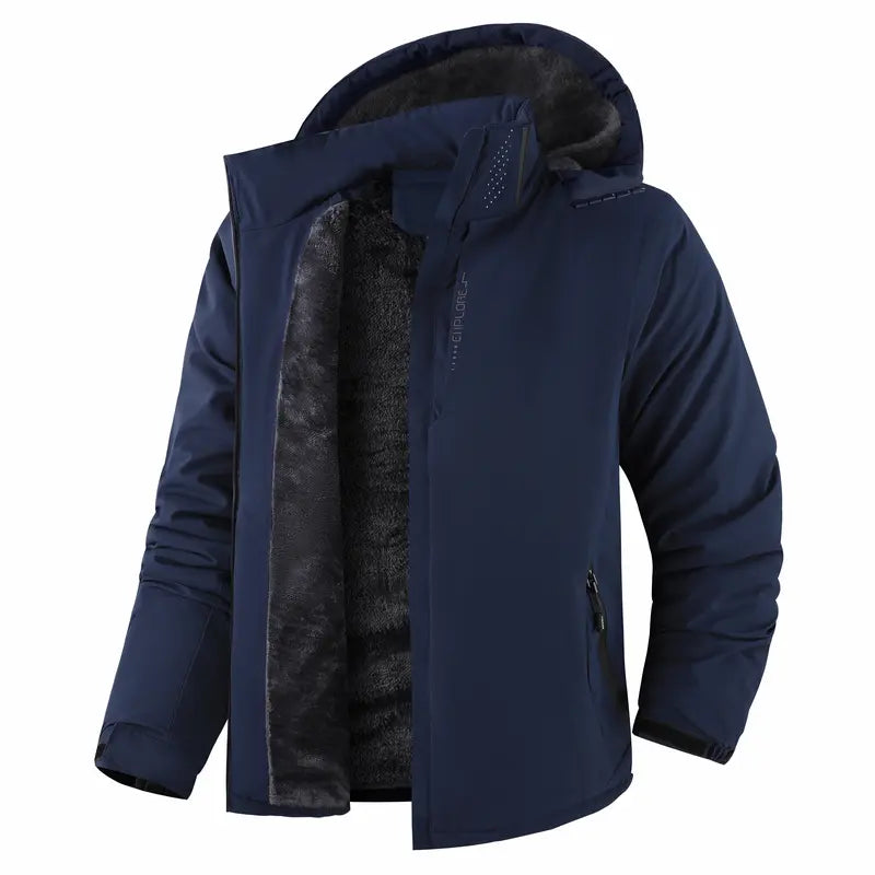 Men’s thickened waterproof windproof outdoor hooded ski jacket, slim-fit all-season sports outerwear suitable for winter camping and hiking, with a windproof hood