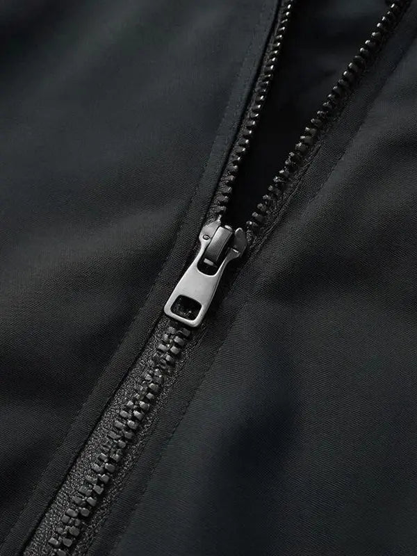 Men's Polyester Lightweight Windproof Hooded Rain Jacket - Men's Clothing Zip-Front Track Jacket, Water-Resistant Breathable Black Outdoor Wear with Adjustable Hood for Running, Hiking