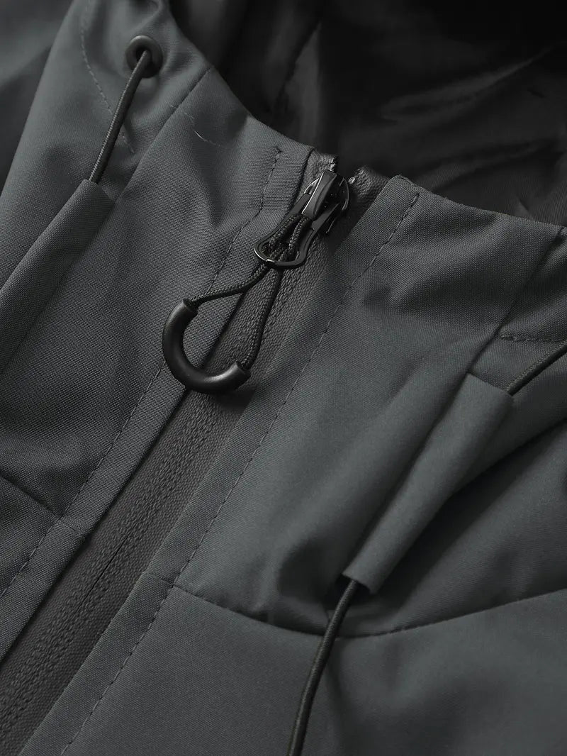 Men's Fitted Solid Woven Hooded Jacket - Waterproof, Windproof, with Zippered Pockets for Outdoor, Casual Wear