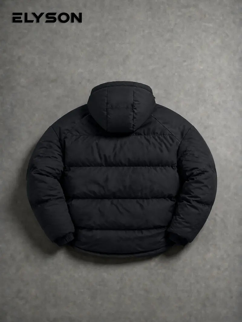 Loose-fit hooded cotton jacket with horizontal topstitching and down filling, full zip closure, basic warm casual cotton jacket