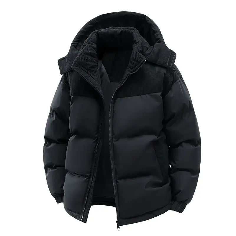 Men's Winter Color-Block Hooded Down Jacket - Thick, Warm, Loose-Fit, Detachable Hood, Contrasting Panels, Ideal for Everyday Commuting, Outdoor Activities