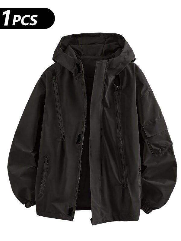 Men’s hooded windbreaker jacket, water-resistant fabric loose cargo outerwear with multiple zippered pockets, everyday outdoor casual top