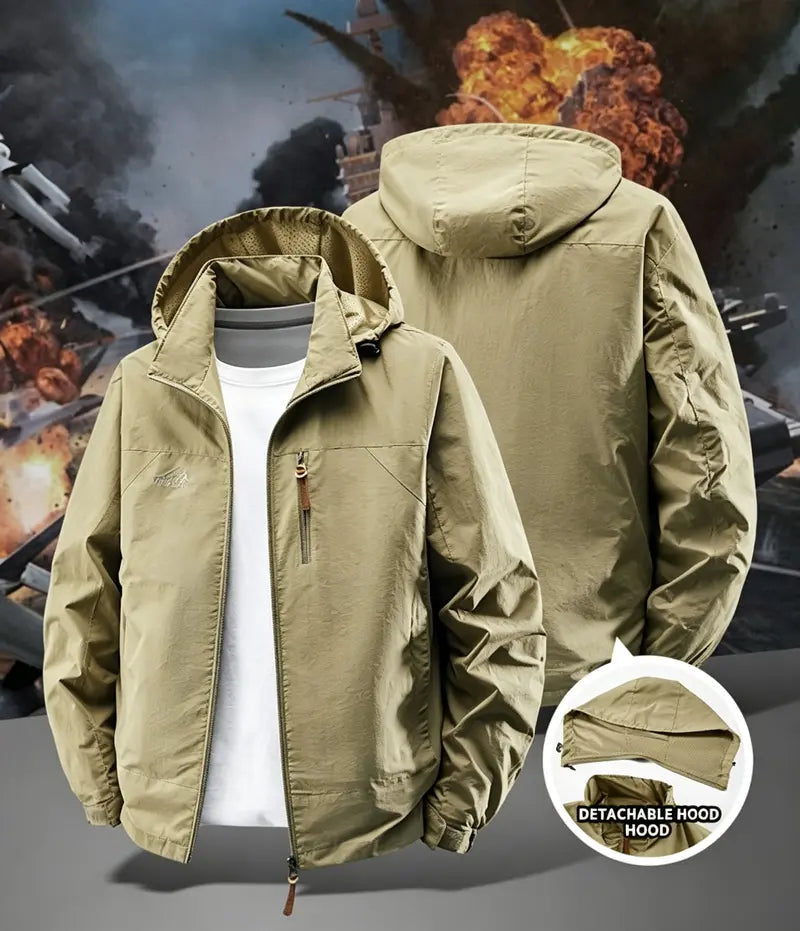 Men's Polyester Plain Full-Zip Water-Resistant Windbreaker Jacket with Hood, Lightweight Outdoor Shell Coat for Hiking, Daily Outdoor Wear
