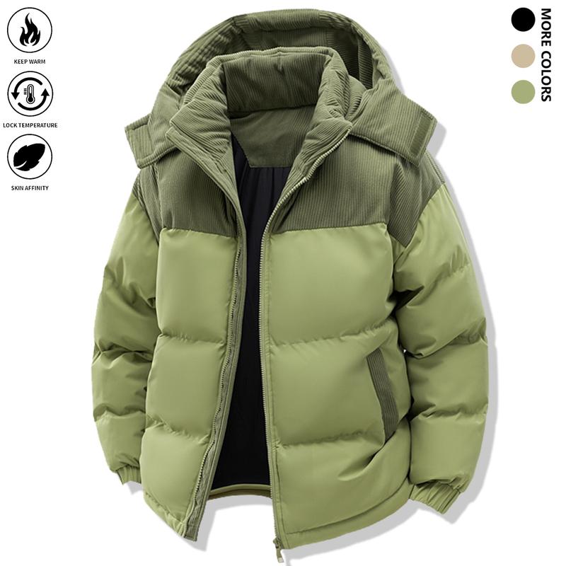 Men's Minimalist Woven Cozy Hooded Down Jacket - Polyester-Filled Velvet Cotton Fabric, Winter Color Block, Long-Sleeve, Detachable Cap, Warm Overcoat, Pockets, Pull-On Style, Fitted Cut for Party, Easter, Cozy Hooded Fit