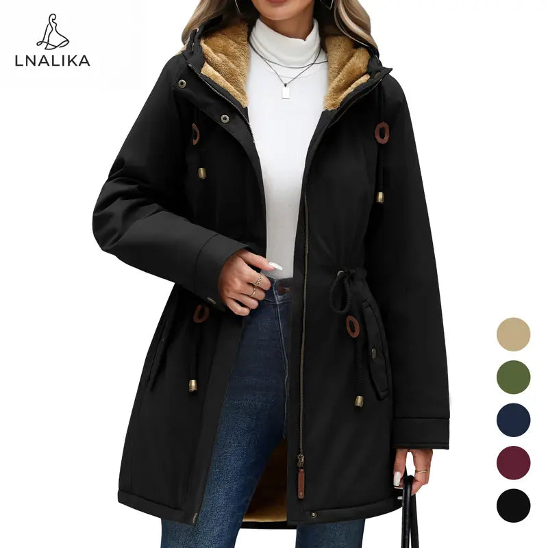 Parka Jacket Women Waterproof Fleece Lined Hooded Warm Winter Coat with Pockets for Daily Commute & Outdoor