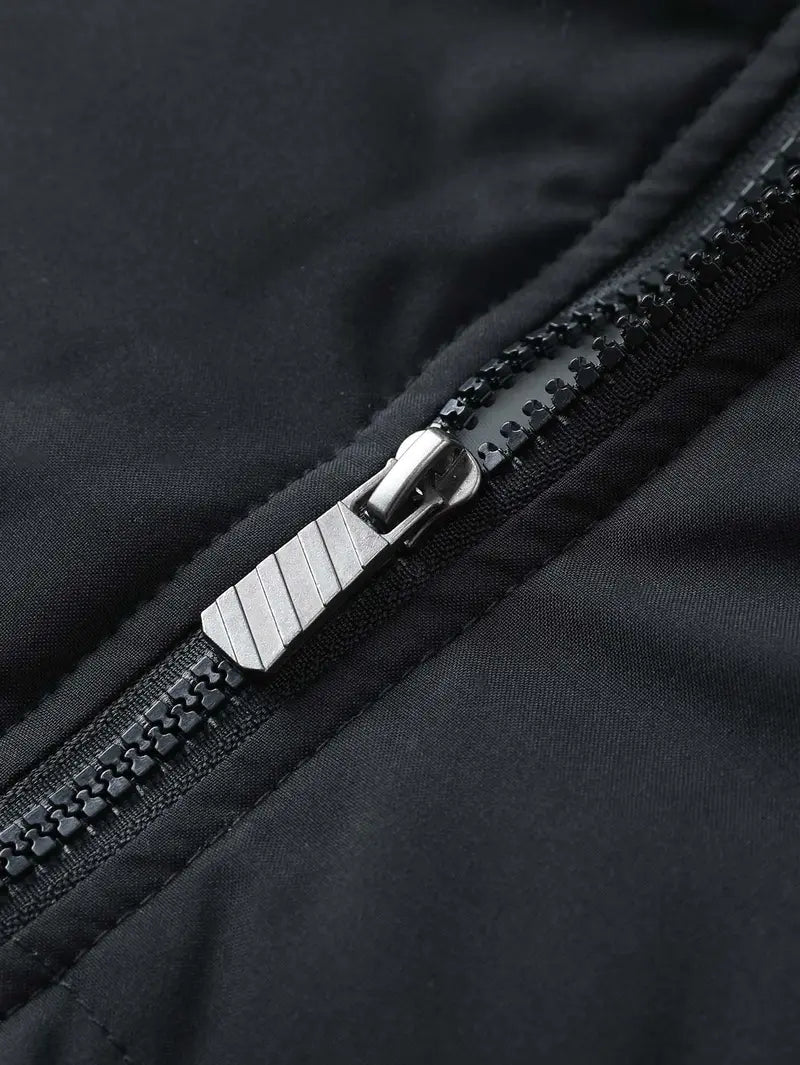 Loose-fit hooded cotton jacket with horizontal topstitching and down filling, full zip closure, basic warm casual cotton jacket