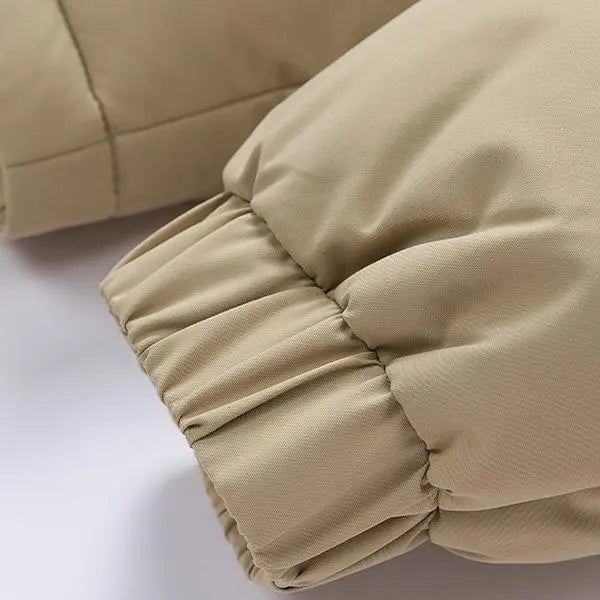 Unisex casual fleece-lined loose winter jacket with detachable hood; warm color-block cotton jacket; couples’ winter cotton apparel; windproof and cold-resistant; couples’ warm color-block cotton jacket; vintage-style outerwear in khaki, black, an...